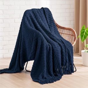 West Elm Navy Blue Fringe Chevron Throw Blanket Ultra Soft Luxury Lightweight